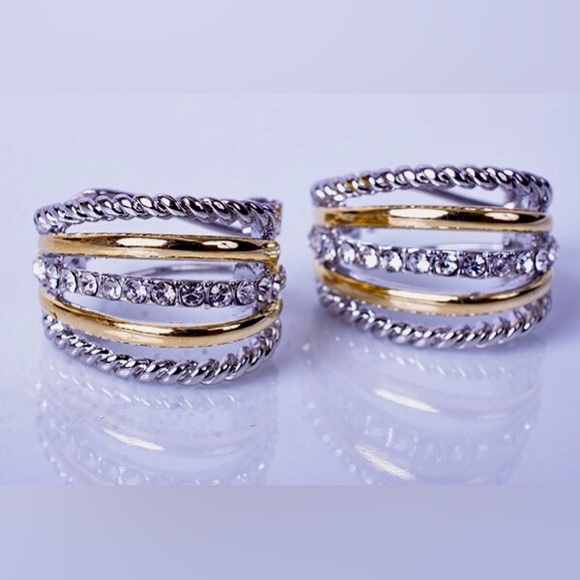 TWO TONE HUGGY 3/4” EARRINGS  WITH PAVE CRYSTALS - Picture 2 of 2